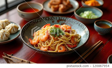 Noodle with shrimps in a plate on a wooden table 120867954