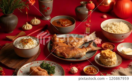 Traditional chinese food on red background 120867959
