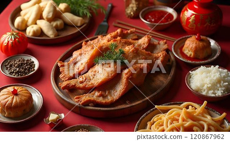 Traditional Chinese food, fried pork cutlets and rice on red background 120867962