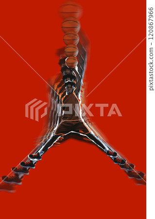 Basketball player leaping with arms extended, creating star-like shape. Stroboscopic effect showcases phases of motion, emphasizing height and power. 120867966