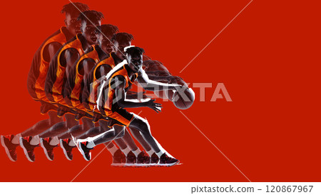 Dribbling basketball player in vibrant orange uniform on red backdrop. Stroboscopic effect highlights each phase of action, adding depth to motion. 120867967