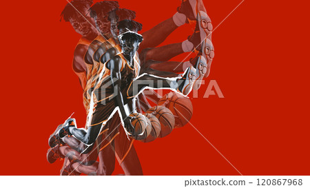 Contemporary art collage. Basketball player captured mid-motion in orange jersey against red background. Stroboscopic effect emphasizes dynamic phases of movement and energy. Contemporary art collage. Basketball player captured mid-motion in orange jersey against red background. Stroboscopic effect emphasizes dynamic phases of movement and energy. 120867968