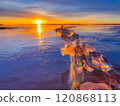 Frosty air and frozen lake surface in a beautiful sunset landscape. Beautiful ice shapes and sunlight. Photo from Sotkamo, Finland. 120868113