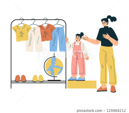 Girl Schoolkid Character Dress Up for School with Mom Vector Illustration 120868212