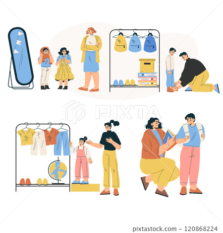 Boy and Girl Schoolkids Character Prepare for School Vector Set Boy and Girl Schoolkids Character Prepare for School Vector Set 120868224