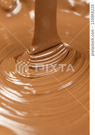 Melted milk chocolate pouring, chocolate texture. 120868228