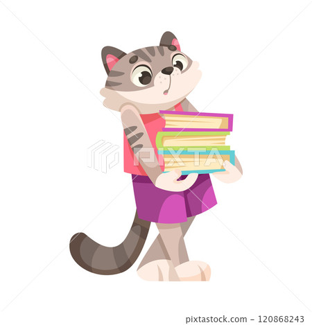 Cat Carry Book Pile as Animal School Student and Pupil Enjoy Study Vector Illustration Cat Carry Book Pile as Animal School Student and Pupil Enjoy Study Vector Illustration 120868243