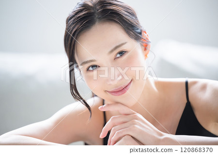 Close-up of a beautiful skinned woman who cares about her skincare 120868370