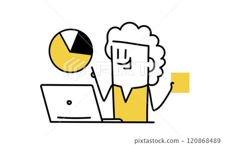 Cartoon woman is pointing at a pie chart on a laptop 120868489