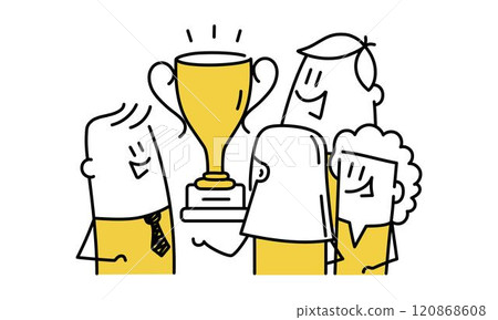 Cartoon drawing of four people holding a trophy 120868608
