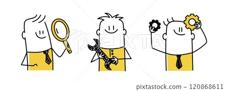 Businessman with magnifying glass, wrench, gears Businessman with magnifying glass, wrench, gears 120868611