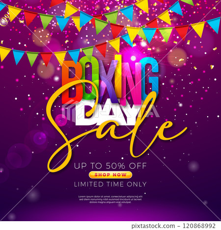 Boxing Day Sale Design with Colorful Typography Lettering and Party Flag on Shiny Violet Background. Christmas Holiday Vector Business Illustration with Special Offer Elements for Coupon, Voucher 120868992