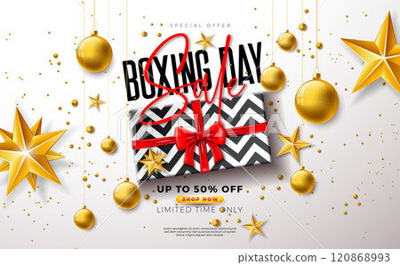 Boxing Day Sale Design with Gift Box, Golden Ornamental Ball and Typography Lettering on White Background. Christmas Holiday Vector Business Illustration with Special Offer Elements for Coupon Boxing Day Sale Design with Gift Box, Golden Ornamental Ball and Typography Lettering on White Background. Christmas Holiday Vector Business Illustration with Special Offer Elements for Coupon 120868993