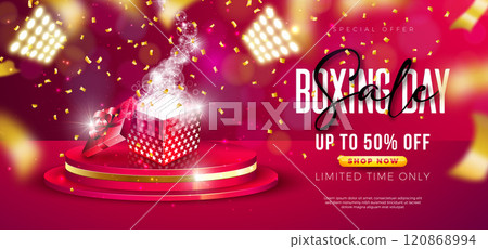 Boxing Day Sale Design with Gift Box on Podium and Golden Christmas Ball on Red Background. Holiday Vector Business Illustration with Special Offer Elements for Coupon, Voucher, Banner, Flyer 120868994