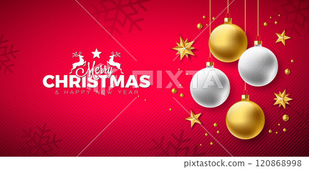Merry Christmas and Happy New Year Banner with Gold and White Glass Ball and Typography Letter on Red Background. Vector Holiday Season Design for Greeting Card, Party Flyer, Celebration Poster and 120868998