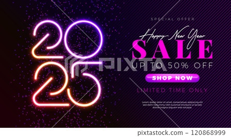 Happy New Year Sale 2025 Design with Glowing Neon Light Typography Number on Black Background. Christmas Holiday Special Offer Campaign Discount Illustration for Coupon, Voucher, Banner, Flyer Happy New Year Sale 2025 Design with Glowing Neon Light Typography Number on Black Background. Christmas Holiday Special Offer Campaign Discount Illustration for Coupon, Voucher, Banner, Flyer 120868999