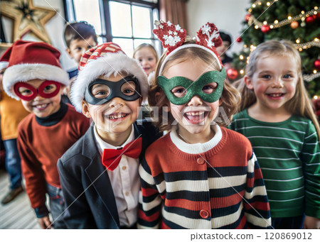 Happy children in Christmas fancy dresses celebrating Christmas in kindergarten. Christmas matinee in kindergarten. 120869012