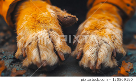Detailed view of a dog furry paws resting on a muddy ground with vibrant tones Detailed view of a dog furry paws resting on a muddy ground with vibrant tones 120869190