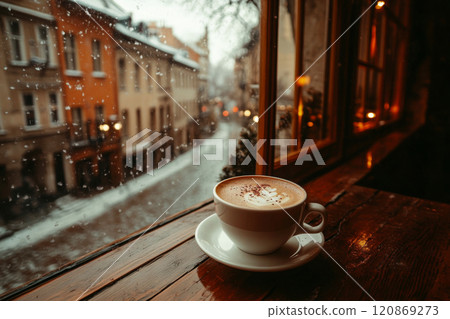 Cup of coffee on wooden table in cafe with view on snowy street at winter day Cup of coffee on wooden table in cafe with view on snowy street at winter day 120869273