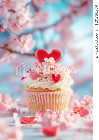 Cupcake decorated with pink hearts for valentine's day 120869274