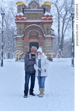 An elderly couple walks in a winter park An elderly couple walks in a winter park 120869438