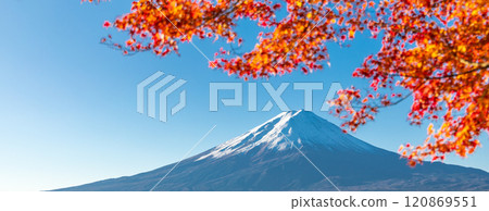 "Yamanashi Prefecture" Lake Kawaguchi and Mt. Fuji in autumn 120869551