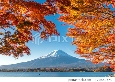 「山梨縣」河口湖和富士山的紅葉 「山梨縣」河口湖和富士山的紅葉 120869560