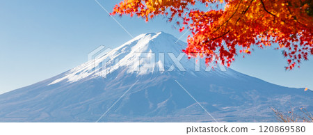 "Yamanashi Prefecture" Lake Kawaguchi and Mt. Fuji in autumn 120869580