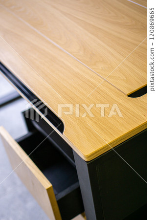 Empty rough wooden table top in the dark room Empty rough wooden table top in the dark room 120869665