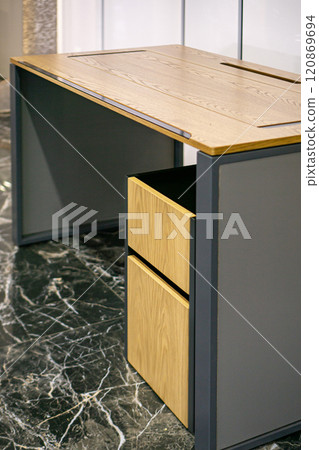 Opened drawer cabinet furniture wooden table at workplace Opened drawer cabinet furniture wooden table at workplace 120869694