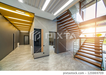interior of modern entrance hall in modern office building interior of modern entrance hall in modern office building 120869709
