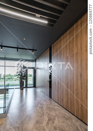 interior of modern entrance hall in modern office building interior of modern entrance hall in modern office building 120869777