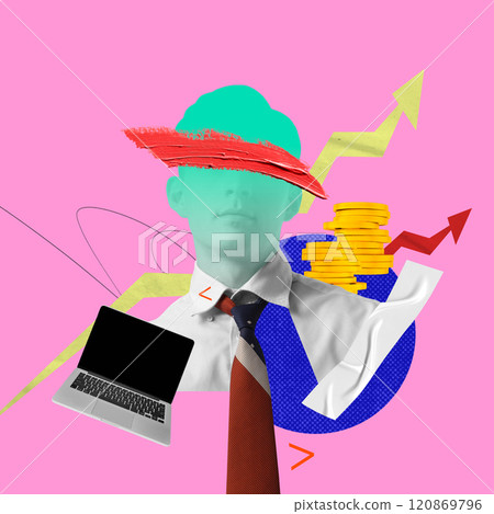 Abstract design illustrating financial success with businessman, coins, arrows, and laptops, depicting dynamics of modern business growth. Contemporary art collage. Abstract design illustrating financial success with businessman, coins, arrows, and laptops, depicting dynamics of modern business growth. Contemporary art collage. 120869796
