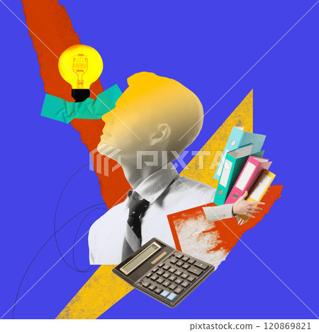 Bold image of businessman with folders and calculator, symbolizing organization and analytical skills in management. Contemporary art collage. Bold image of businessman with folders and calculator, symbolizing organization and analytical skills in management. Contemporary art collage. 120869821