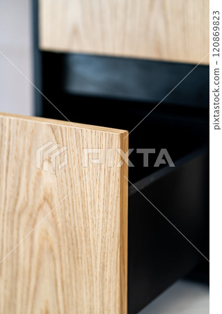Opened drawer cabinet furniture wooden table at workplace Opened drawer cabinet furniture wooden table at workplace 120869823