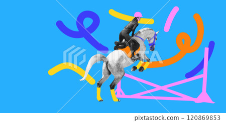 Female rider on white horse preparing to jump over pink and orange obstacle, with colorful abstract lines on blue backdrop. Contemporary art collage. 120869853