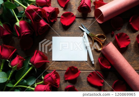 Mockup note in a bouquet of red roses 120869965