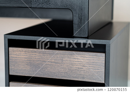 Opened drawer cabinet furniture wooden table at workplace 120870155