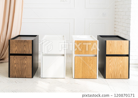 Opened drawer cabinet furniture wooden table at workplace 120870171