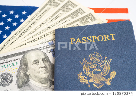 US passport issued to citizen and national of the United States of America to travel in most countries outside with USA flag and dollar money. 120870374