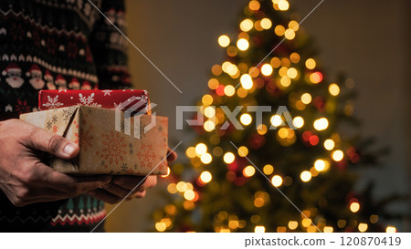 Holding Christmas gift package under tree 120870419