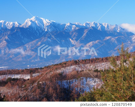 Mt. Kaikoma in winter as seen from the Mitsutou hiking trail in the Yatsugatake Mountains Mt. Kaikoma in winter as seen from the Mitsutou hiking trail in the Yatsugatake Mountains 120870549