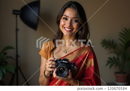 An Indian woman smiles while holding a camera, standing in front of a makeshift studio with lighting 120870584