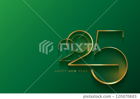 2025 New Year gold logo design. Holiday greeting card. Copy space. Vector design for greeting card, invitation, calendar, party, golden festive banner isolated on light green background  120870683