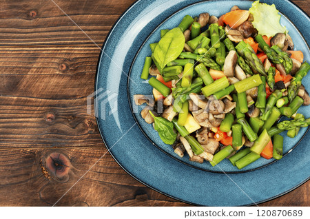 Vegan asparagus and mushroom salad. Vegan asparagus and mushroom salad. 120870689