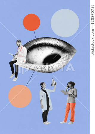 Contemporary art collage. Three medical professionals analyze large eye graphic with colorful connections on blue. Collaboration and medical focus. 120870753