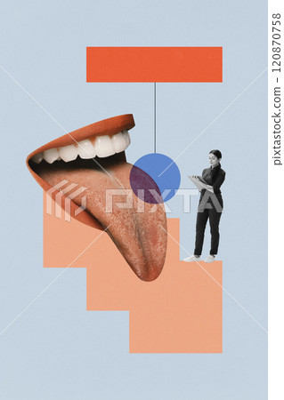 Contemporary art collage. Large tongue on blue and orange geometric background with woman writing notes. Conceptual representation of taste and research. Contemporary art collage. Large tongue on blue and orange geometric background with woman writing notes. Conceptual representation of taste and research. 120870758
