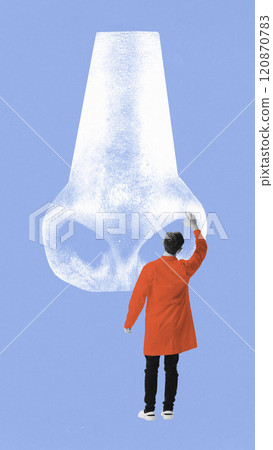 Contemporary art collage. Figure in red coat studies massive nose on blue background, exploring sense of smell in clean, abstract medical design. 120870783