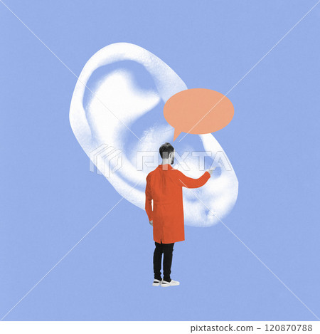 Contemporary art collage. Person in red coat interacts with large ear illustration, emphasizing hearing and communication. Minimalistic style. 120870788