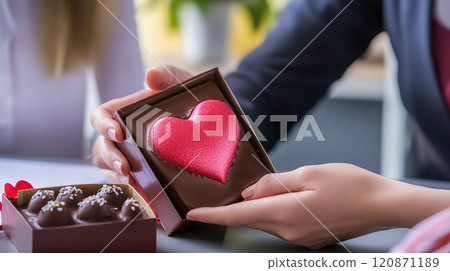 A man giving a heart-shaped chocolate as a present in the office 120871189